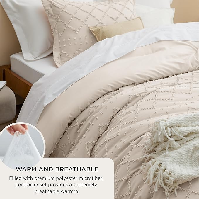 Bedsure Oversized King Comforter Set - Beige Comforter, Boho Tufted Shabby Chic Bedding, 3 Pieces Vintage Farmhouse Bed Set for All Seasons, Fluffy Soft Bedding with 2 Pillow Shams