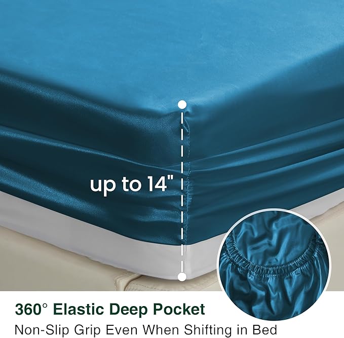 Love's cabin Full Size Satin Sheet Sets - 4 Piece Teal Silky Satin Sheet Set Full with Deep Pocket, Luxury Silk Feel Satin Bed Sheets Full Bedding Set (1 Flat Sheet,1 Fitted Sheet,2 Pillow Cases)