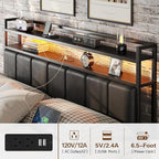 Twin Size Bed Frame with Charging Station and LED Lights, Metal Bed Frame with Headboard, Black Upholstered Headboard with 2-Tier Storage Shelves, Noise Free, No Box Spring Needed, Black