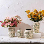 Vintage Pastoral Octagonal Vase, Green and Beige Retro Ceramic Flower Vases, Rustic Farmhouse Vases Chinoiserie Floral Small Vase for Home Decor, Living Room, Kitchen, Bedroom and Shelf 6.7 Inch