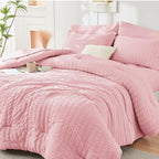 HYMOKEGE Pink Full Size Comforter Sets Seersucker 7 Pieces, All Season Luxury Bed in a Bag for Bedroom, Bedding Set with Comforters, Sheets, Pillowcases & Shams