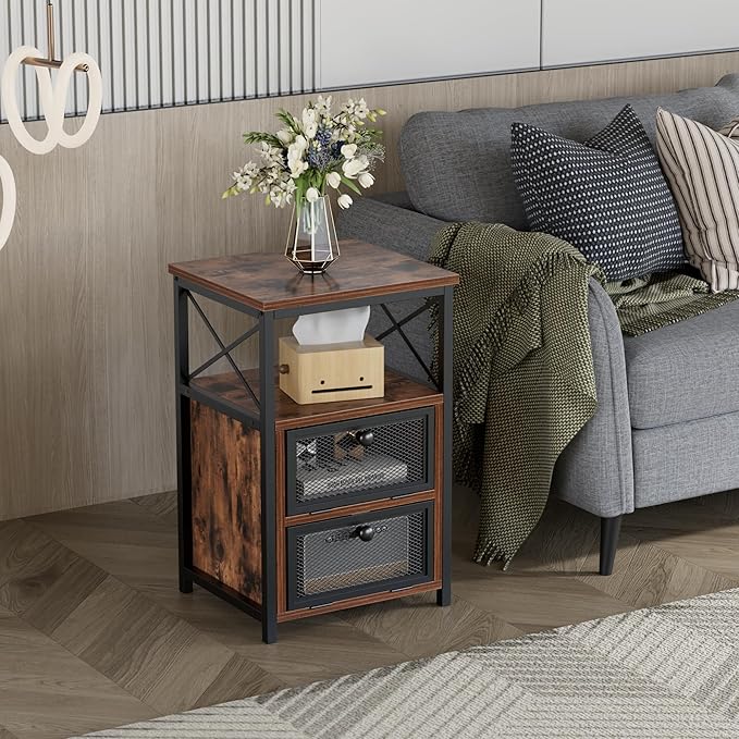 VECELO End Tables Set of 2 with Storage Space,Flip Door Night Stand for Living Room,Bedroom,Small Space,Rustic Brown