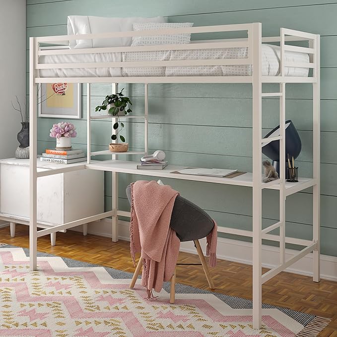 Novogratz Maxwell Metal Twin Loft Bed with Desk & Shelves, Off White/Off White