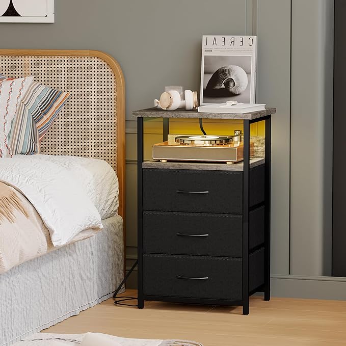 Fixwal Night Stand with Charging Station, LED Nightstand with Fabric Drawers, End Table with PU Finish, Bed Side Table, French Oak