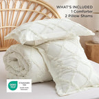 Bedsure Boho Comforter Set Queen - Ivory Tufted Queen Size Comforter, 3 Pieces Farmhouse Shabby Chic Embroidery Bed Set, Soft Fluffy Geometric Pattern Bedding for All Seasons