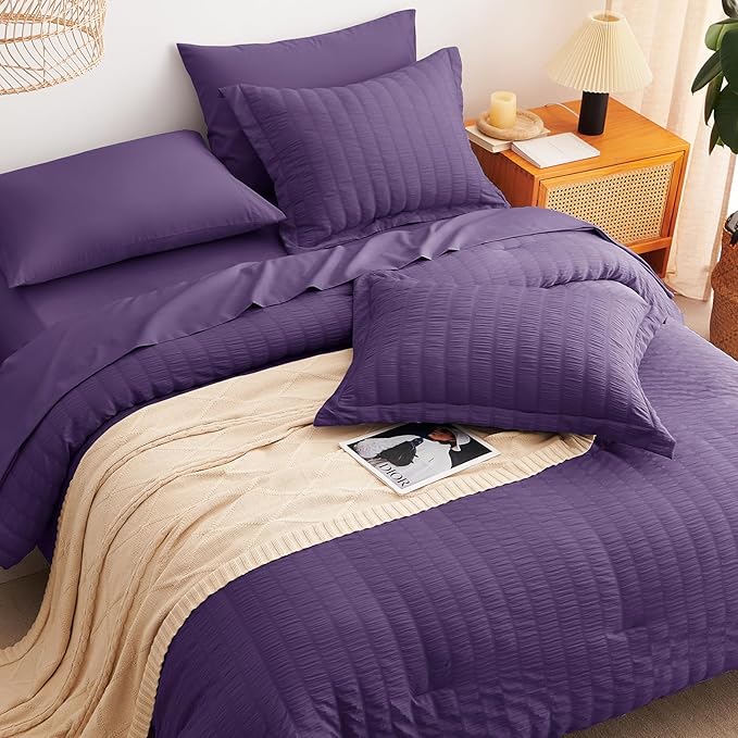 CozyLux King Size Comforter Set Purple Seersucker 7 Pieces Bed in a Bag King Comforter Set with Sheets, Luxury Soft Bedding Set with Down Alternative Comforter, Sheets, Pillowcases & Shams All Seasons