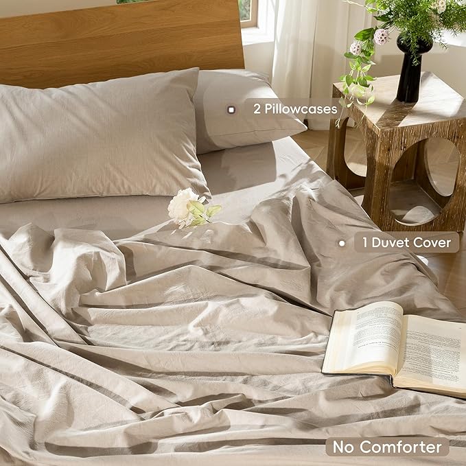 MooMee Bedding Duvet Cover Set 100% Washed Cotton Linen Like Textured Breathable Durable Soft Comfy (Heathered Taupe, Super King 108"x98")