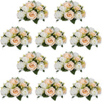 Pcs of 10 Fake Flower Ball Arrangement Bouquet,15 Heads Plastic Roses with Base, Suitable for Our Store's Wedding Centerpiece Flower Rack for Parties Valentine's Day Home Décor (Champagne & White)