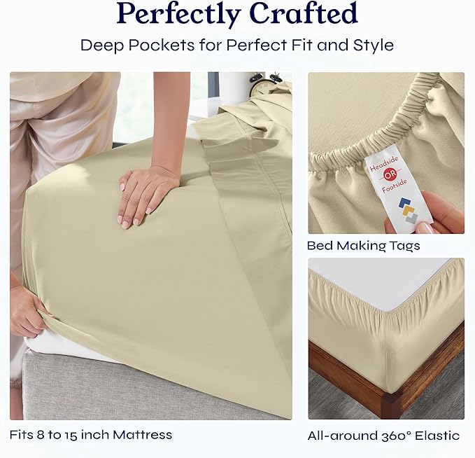 California Design Den Soft Twin Sheets Set - 400 Thread Count Sateen, Natural 100% Cotton Sheets, Deep Pockets, Cooling and Durable Bedding Set for Dorm Rooms & Adults - Beige (Golden Tone)