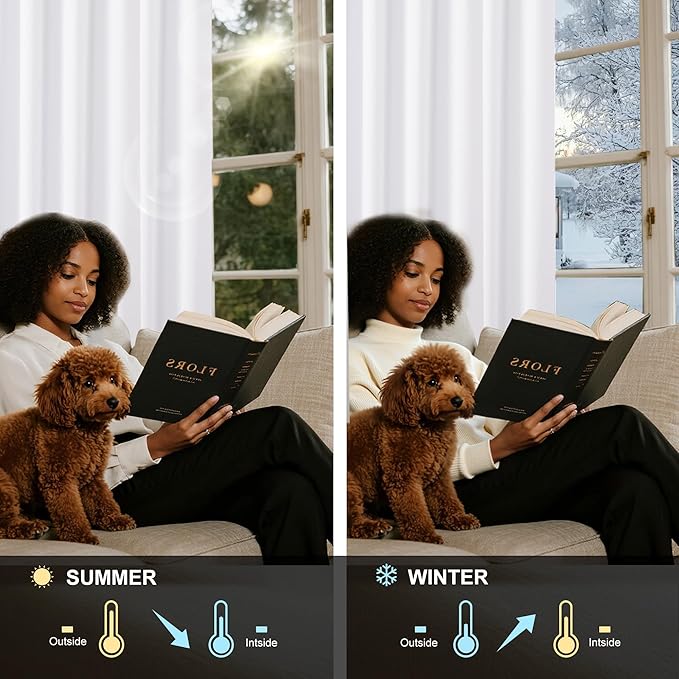 NICETOWN 100% Blackout Window Curtain Panels 63 inch Length for Bedroom, Set of 2, Snow White, 42 inches Wide, Thermal Insulated Drapes
