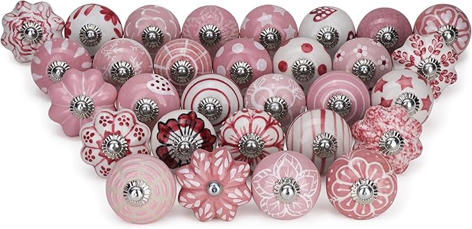Knobs for Cabinets and Drawers Pink Assorted Knobs Vintage Ceramic Door Knobs Colorful Kitchen Furniture Pull Handles Cabinets Cupboard for Wardrobe Home Interior Décor - Pack of 6
