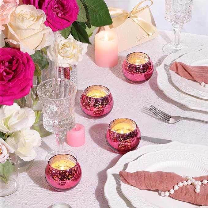 LAMORGIFT 12 Pcs Hot Pink Candle Holders for Barbie Birthday Party Decorations- Summer Bridal Shower Decorations, Votive Candle Holders for Wedding, Pink Candle Centerpieces for Disco, Cowgirl Party
