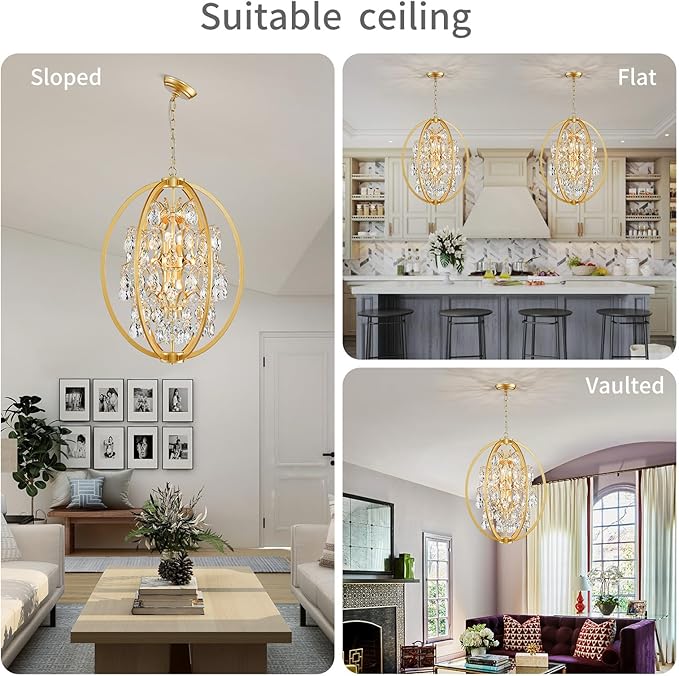 WUZUPS Globe Crystal Chandelier Raindrop Pendant Flushmount Ceiling Light Modern Lighting Fixture for Bedroom Hallway Bar Kitchen Bathroom, H 23.6" x W 19.7", Gold, 8 E12 Base