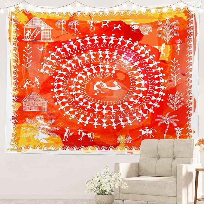 Batmerry Tribal Art Abstract Tapestry, Traditional Ancient Tribal Indian Rural Wall Art Hanging Decoration Polyester Fiber White Ruffled Around for Dorm Room Bedroom Living Room, 39.1x59.1 inches