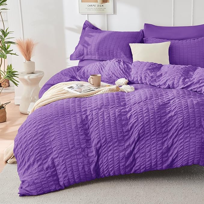 HYMOKEGE Dark Purple Queen Comforter Set Seersucker 7 Pieces, All Season Luxury Bed in a Bag Queen for Bedroom, Bedding Set with Comforter, Sheets, Pillowcases & Shams