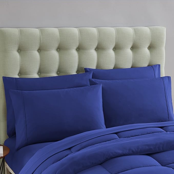 Sweet Home Collection 7 Piece Comforter Set Bag Solid Color All Season Soft Down Alternative Blanket & Luxurious Microfiber Bed Sheets, Royal Blue, Twin XL (Pack of 4)