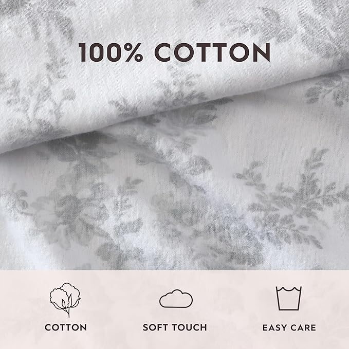 Laura Ashley - Flannel Sheets Full Size, Anti-Pilling & Wrinkle Resistant Cotton, Touchably Soft for All-Season Comfort - Bed Sheets with Matching Pillowcases & Fitted Sheet (Vanessa Grey)