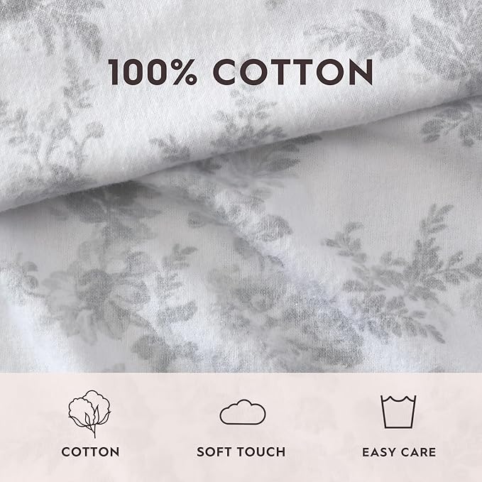 Laura Ashley - Flannel Sheets Queen Size, Anti-Pilling & Wrinkle Resistant Cotton, Touchably Soft for All-Season Comfort - Bed Sheets with Matching Pillowcases & Fitted Sheet (Vanessa Grey)