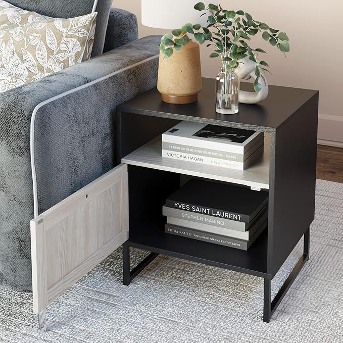 Nathan James Mina Rattan Wood End Side Accent Table Nightstand with Storage for Living Room or Bedroom, 1, Black Oak/Black