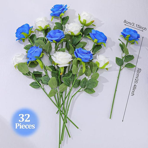 32 Pcs Blue, White Artificial Flowers Roses Fake, Silk Flowers with Stems for DIY Wedding Gothic Bridal Shower Centerpieces Arrangements Tables Decorations
