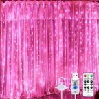Pink Curtain Light for Bedroom, 300 LED 9.8ft x 9.8ft Window Fairy Curtain String Light with 16 Hooks, 8 Models Remote Control for Wedding Party Home Garden Indoor Decorations