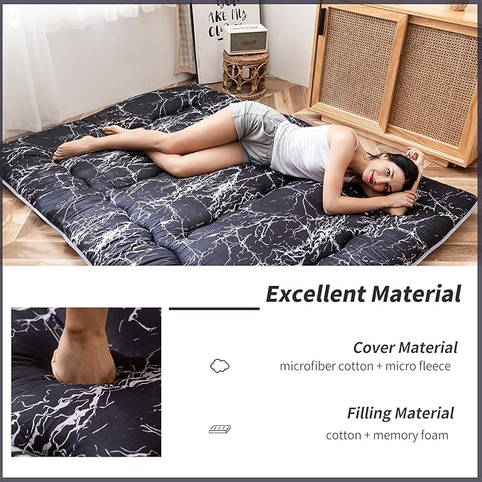 MAXYOYO Black Marble Printed Japanese Futon Floor Mattress, Thicken Sleeping Pad Floor Bed Roll Up Camping Guest Mattress Folding Couch Bed, Full Size
