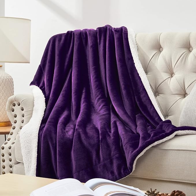Walensee Sherpa Fleece Blanket (Throw Size 50”x60” Purple) Plush Throw Fuzzy Super Soft Reversible Microfiber Flannel Blankets for Couch, Bed, Sofa Ultra Luxurious Warm and Cozy for All Seasons
