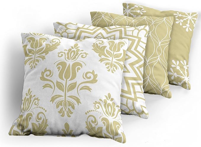 Ambesonne Retro Throw Pillow Cushion Case Pack of 4, Trellis Grid Medieval Floral Damask Mandala Flower Ornament in Modern Monochrome, Modern Accent Double-Sided Digital Printing, 16", Pale Khaki