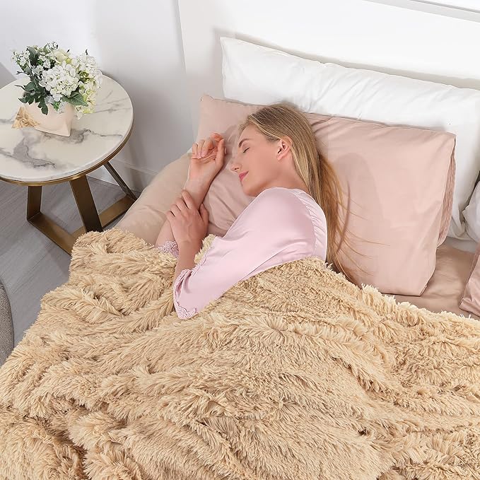 Tuddrom Decorative Extra Soft Faux Fur Blanket Queen Size 80" x 90",Solid Reversible Fuzzy Fluffy Cozy Plush Fleece Comfy Microfiber Fur Blanket for Couch Sofa Bed,Apricot