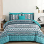 Cottolester Boho Queen Comforter Set 8 Pieces, Teal Comforter Bohemian Striped Bed in A Bag,Soft Microfiber Bedding Set for All Seasons