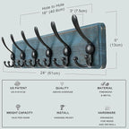 Dseap Coat Rack Wall Mounted - 24" Long 6 Tri Hooks, Heavy Duty Wooden Wall Coat Hanger Coat Hook for Clothes Hat Jacket Clothing, Weathered Blue and Black