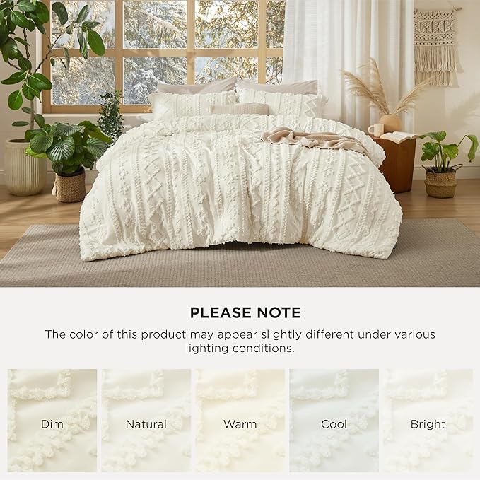Bedsure Tufted Boho Comforter Set King Size - Ivory Boho Bed Set, GentleSoft™ 3 Pieces Farmhouse Shabby Chic Embroidery Bedding, Gifts for Woman, Soft Jacquard King Comforter for All Seasons