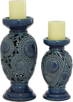 Deco 79 Ceramic Pillar Candle Holder with Cut Out Pattern, Set of 2 13", 10"H, Blue