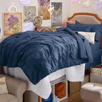 Bedsure Twin Comforter Set Navy - Bed in a Bag Twin Size Bedding 5 Pieces, GentleSoft™ Pintuck Bed Set Gift for Family, Pinch Pleat Navy Comforter with Sheets, Pillowcase & Sham
