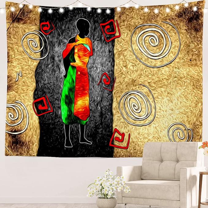 Batmerry African Ethnic Retro Tapestry,Vintage Motive Oil Landscape Fashion Wall Art Hanging Decoration Polyester Fiber White Ruffled Around for Dorm Room Bedroom Living Room, 51.2x59.1 inches