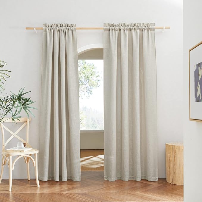 RYB HOME Short Curtains Europe Flax Linen Woven Semi Sheer Drapes Window Treatments Sun Shades Light Filtering Glare Control for Bathroom Nursery Bay Window Laundry Room, W 52" x L 45", Angora, 2 PC