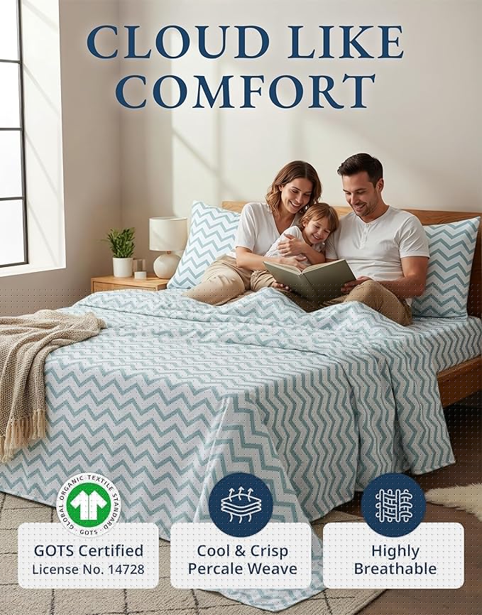 LANE LINEN 100% Organic Cotton Full Size Sheet & Pillowcase Sets, Fully Elasticized Soft & Comfy Printed Percale Bedding, Temperature Regulating Printed Cotton Sheets Full - Chevron