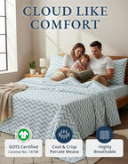 LANE LINEN 100% Organic Cotton Full Size Sheet & Pillowcase Sets, Fully Elasticized Soft & Comfy Printed Percale Bedding, Temperature Regulating Printed Cotton Sheets Full - Chevron