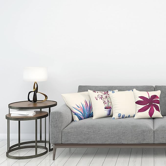 Ambesonne Botanical Throw Pillow Cushion Case Pack of 4, Minimalist Watercolor Painting Leaves Agave Branches Plant in a Pot, Modern Accent Double-Sided Digital Printing, 20", Dark Pink and Ceil Blue