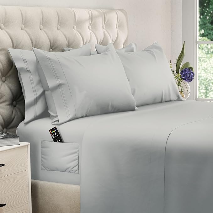 DREAMCARE Queen Sheet Set – 6 pcs Cooling Bed Sheets – up to 15” Deep Sheets Queen Size Bed Set – 2500 Supreme Collection – Extra Soft 100% Brushed Microfiber Hotel Luxury with Side Pocket – L Gray
