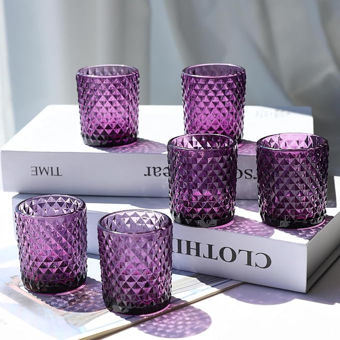 Woho 24pcs Purple Votive Candle Holders, Glass Tea Lights Candle Holder for Wedding Table Centerpiece, Studded Diamond Tealight Candle Holder for Tealight Candles/Votive Candles