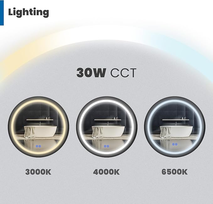 Round LED Bathroom Mirror with Lights, Front Lit Makeup Mirror, Anti-Fog, 3 Colors and Dimmable Light, 36 Inchs Black
