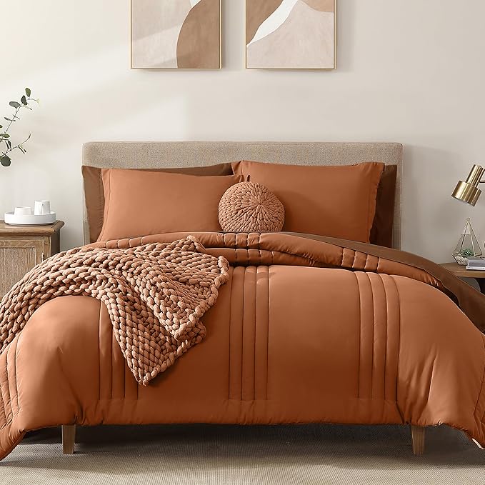 Monbix Full Comforter Set - 7 Pieces Burnt Orange Bed in a Bag Full Size Bedding Sets with Comforters, All Seasons Down Alternative Comforter with Sheets,Pillowcases & Shams