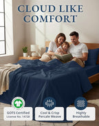 LANE LINEN Eco Friendly 100% Organic Cotton Bed Sheets Queen Size, Soft & Comfy Percale Weave, Fully Elasticized Mercerized Naturally Cooling Cotton Sheets Queen Size Set- Navy