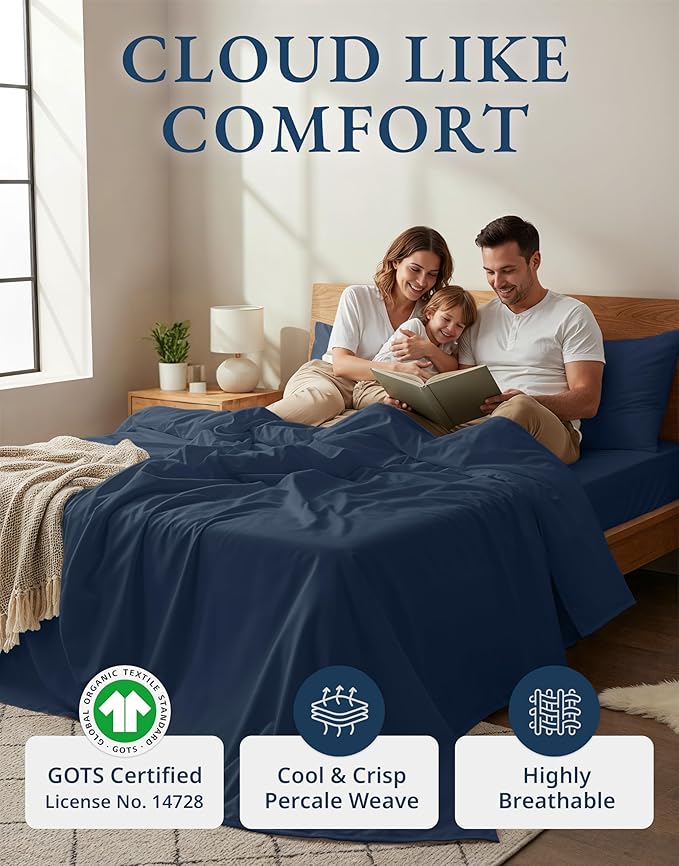 LANE LINEN 100% Organic Cotton Fully Elasticized King Sheet Set, Low Pilling Fade Resistant Machine Washable Naturally Cooling King Bedding Set, Soft & Comfy Cotton Sheets - Navy