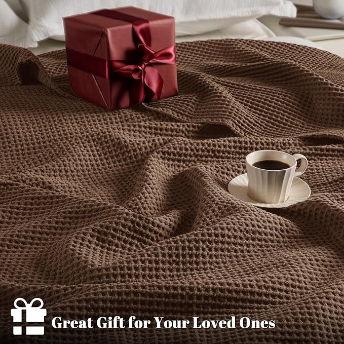 PHF 100% Cotton Waffle Weave Blanket Twin Size for Bed,Snag Proof Lightweight Breathable Moisture-Wicking Throw for Couch,Great for Layering in Cold Weather,Machine Washable,Home Decor Gift-Cappuccino