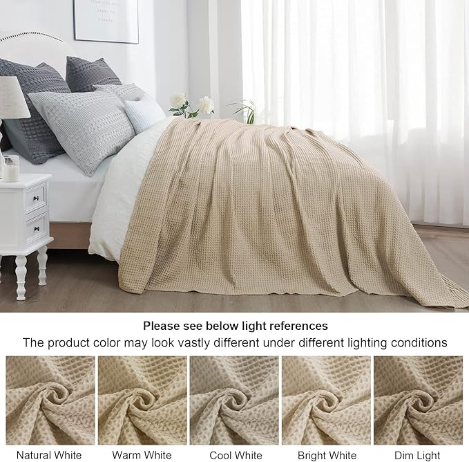 PHF 100% Cotton Waffle Weave Blanket King Size for Bed,Snag Proof Lightweight Breathable Throw for Couch,Great for Layering in Cold Weather,Machine Washable,Home Decor Gift-Khaki/Simply Taupe