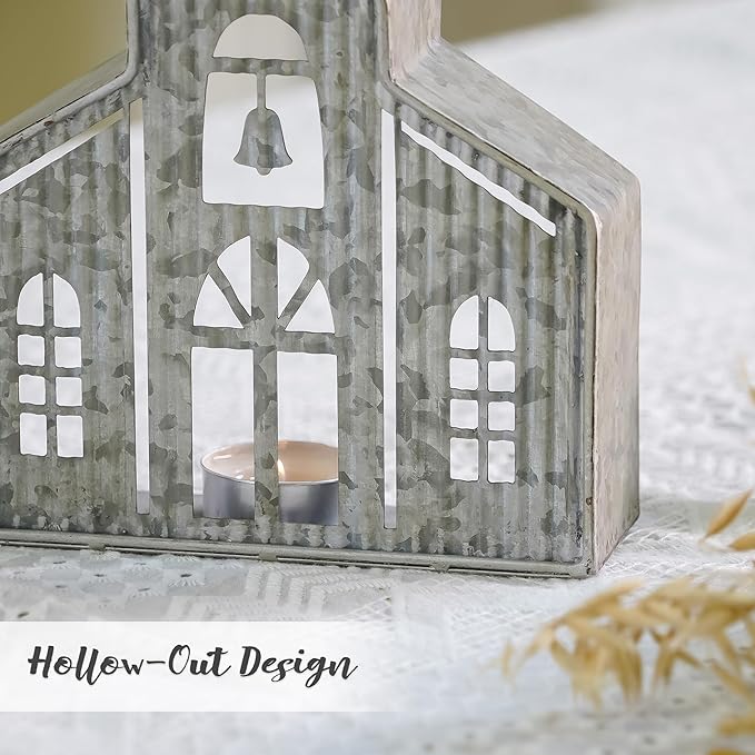 Church Shaped Tea Light Candle Holder Farmhouse Galvanized Metal Candle Holder Vintage Decorative Tealight Holder for Table Centerpiece Decoration - 6.22" x 1.97" x 9.25"