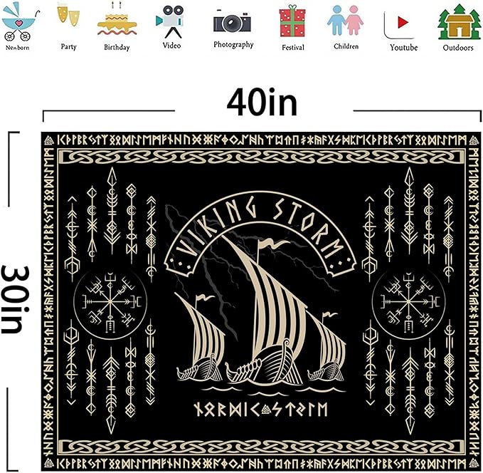 OSUNBD Viking Warship Tapestry Wall Hanging - Small 40x30inches Storm & Celtic Runes on Soft Flannel Aesthetic Mythology Tapestries Norse Mythology Art for Bedroom, Living Room Decor