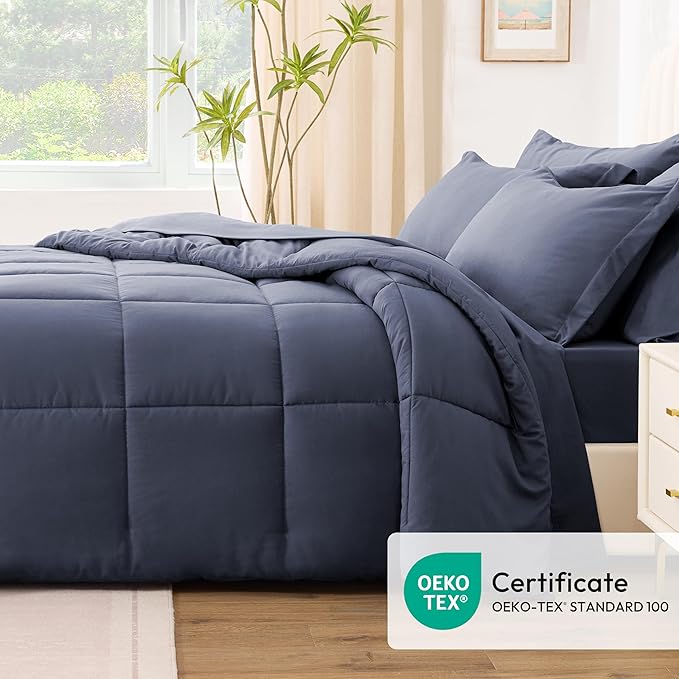 Love's cabin Full Comforter Set Indigo Blue, 7 Pieces Full Bed in a Bag, All Season Bedding Sets with 1 Comforter, 1 Flat Sheet, 1 Fitted Sheet, 2 Pillowcase and 2 Pillow Sham